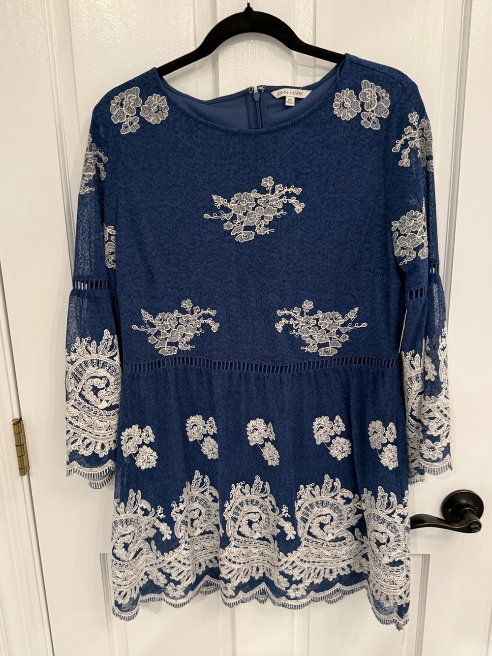 John Mark Navy Tunic with White Floral Lace Embroidery
